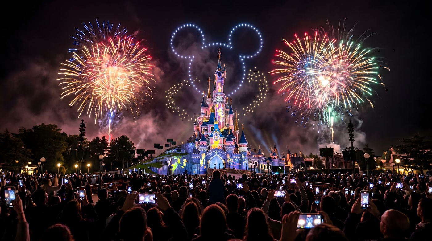 Castelo da Disney iluminado com fogos de artifício